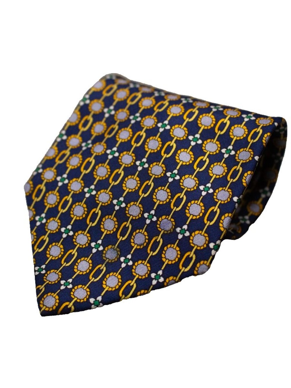 Vintage Adolfo Tie 100% Silk Satin made in Italy Chainlink Print Blue/Gold 4"